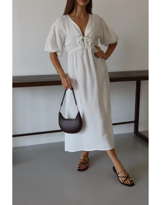 Kısa Kollu Müslin Elbise Beyaz Pt