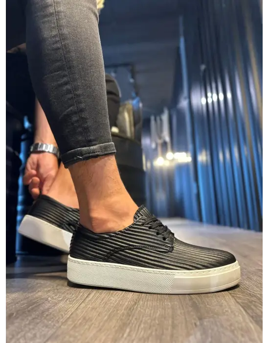 Terzi Bey Fitilli Desenli Günlük Ayakkabı 076 Siyah (beyaz Taban)