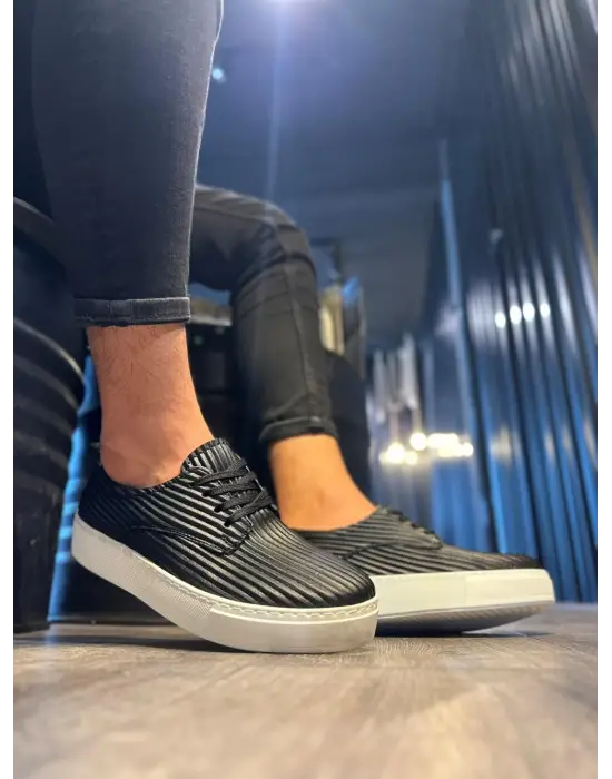 Terzi Bey Fitilli Desenli Günlük Ayakkabı 076 Siyah (beyaz Taban)