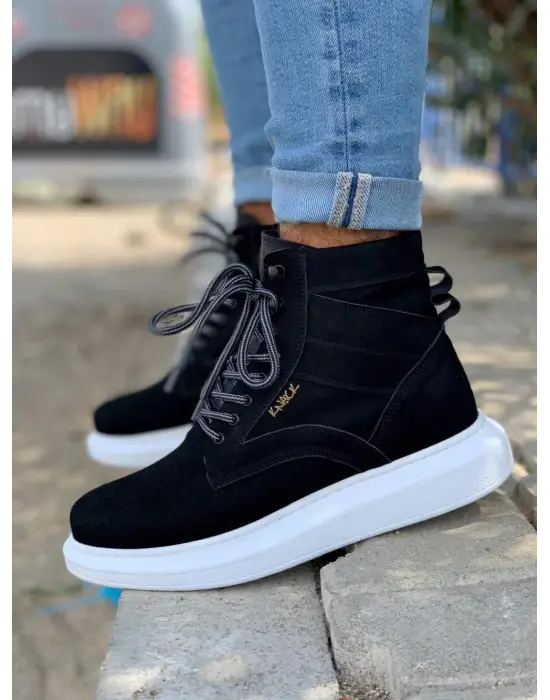 Knack Yüksek Taban Siyah Beyaz Süet Erkek Ayakkabısı