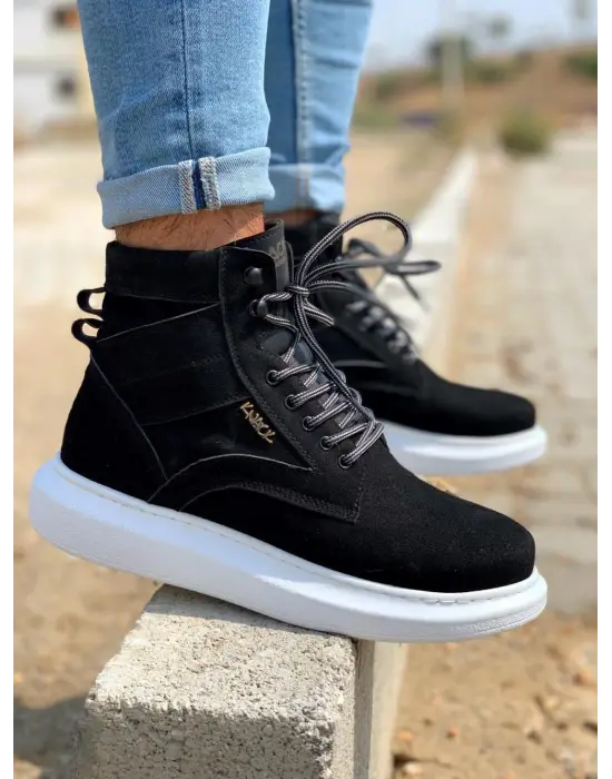 Knack Yüksek Taban Siyah Beyaz Süet Erkek Ayakkabısı