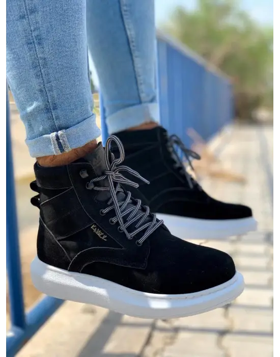 Knack Yüksek Taban Siyah Beyaz Süet Erkek Ayakkabısı