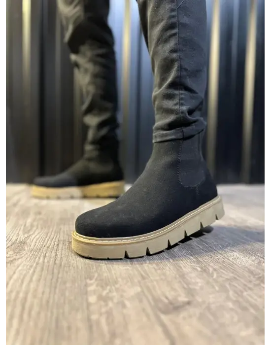 Knack Yüksek Taban Chelsea Siyah-Bej Süet Erkek Botu