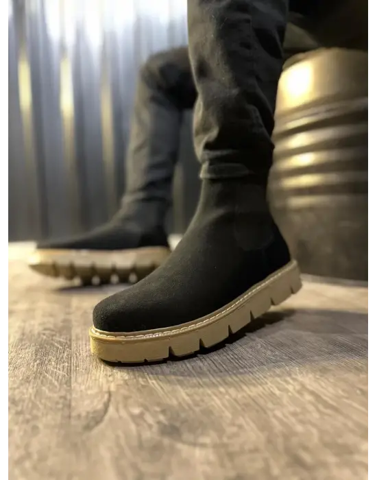 Knack Yüksek Taban Chelsea Siyah-Bej Süet Erkek Botu