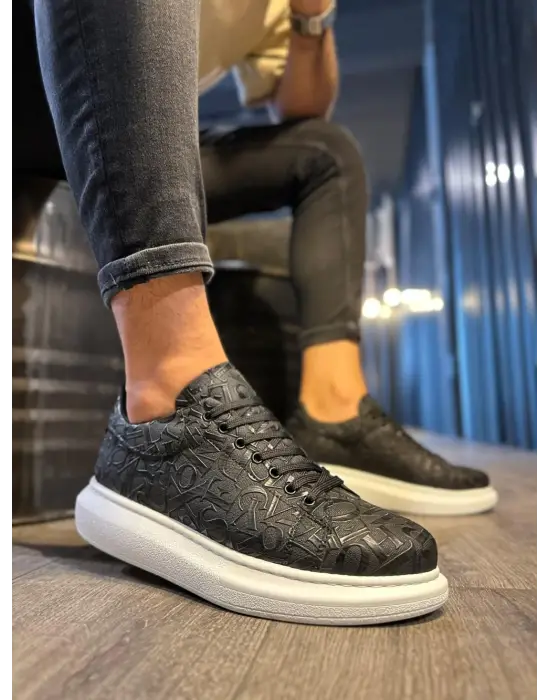 Terzi Bey Yüksek Taban Harf Desenli Günlük Ayakkabı 047 Siyah (beyaz Taban)