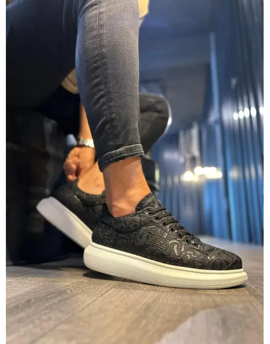 Terzi Bey Yüksek Taban Harf Desenli Günlük Ayakkabı 047 Siyah (beyaz Taban)