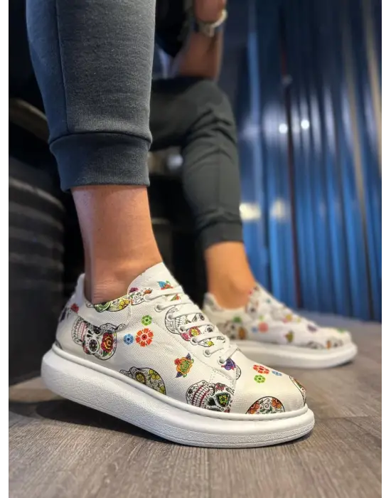 Terzi Bey Yüksek Taban Renkli Baskılı Günlük Ayakkabı 046 Beyaz Kurukafa