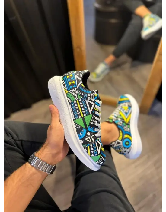 Terzi Bey Yüksek Taban Renkli Baskılı Günlük Ayakkabı 046 Sarı (beyaz Taban)