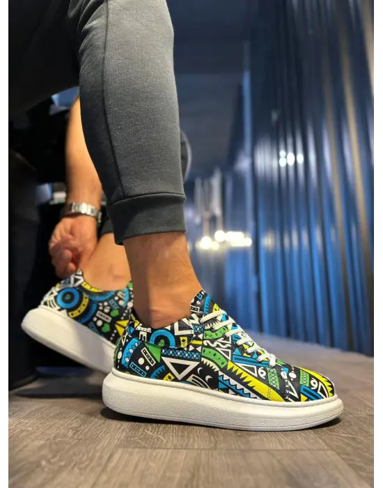 Terzi Bey Yüksek Taban Renkli Baskılı Günlük Ayakkabı 046 Sarı (beyaz Taban)