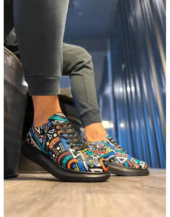 Terzi Bey Yüksek Taban Renkli Baskılı Günlük Ayakkabı 046 Siyah (siyah Taban)