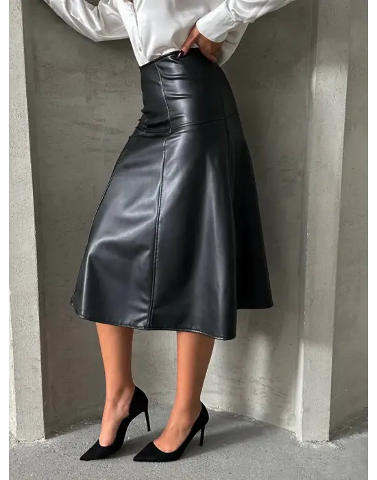 Komple Parçalı Deri Etek Siyah H26441