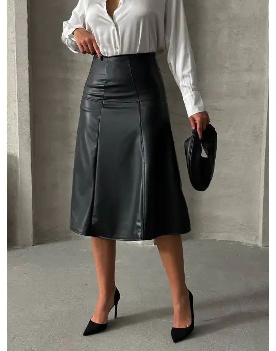 Komple Parçalı Deri Etek Siyah H26441