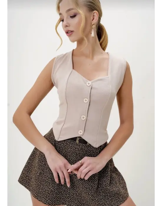 Krep Kumaş Düğmeli Yelek Bej S3395