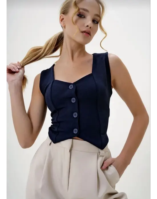 Krep Kumaş Düğmeli Yelek Lacivert S3395