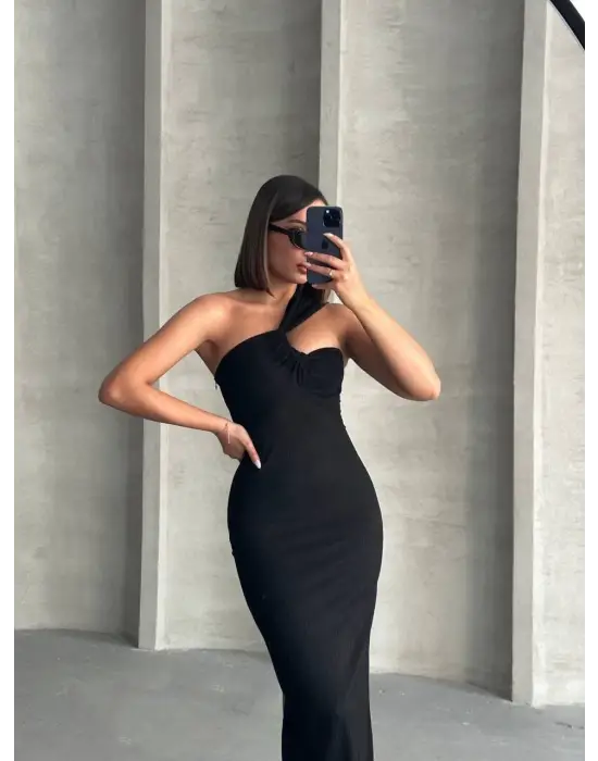 Krinkıl Tek Omuz Uzun Elbise Siyah S25455