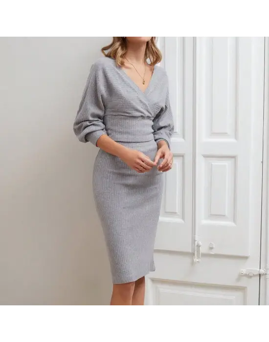 Kruvaze Şardonlu Etekli Takım Gri