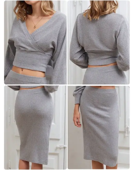 Kruvaze Şardonlu Etekli Takım Gri