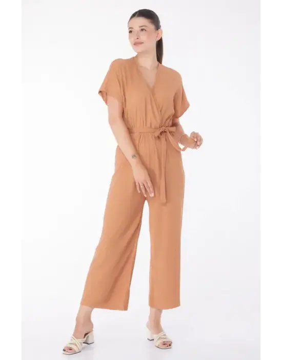 Kruvaze Yaka Kadın Vizon Kuşaklı Tulum