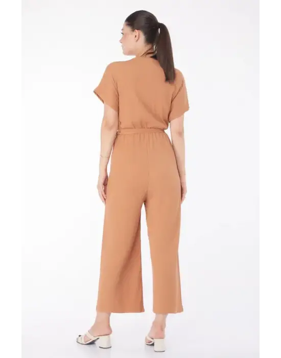 Kruvaze Yaka Kadın Vizon Kuşaklı Tulum