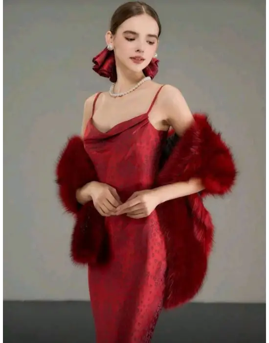 Kürk Orijinal Kırmızı Seksi Omuzluk Şık Kürk