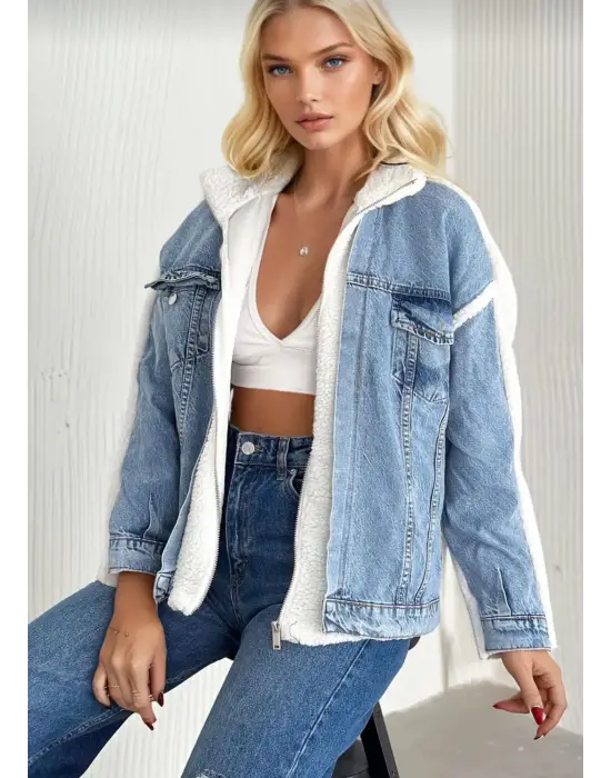 Kürklü Kot Ceket Mavi T7009