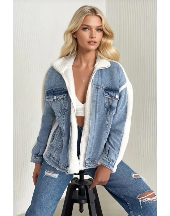 Kürklü Kot Ceket Mavi T7009