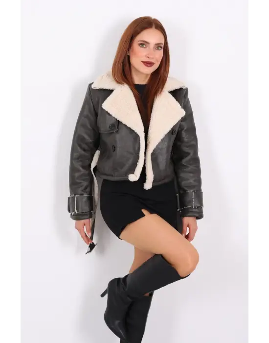 Kürklü Suni Deri Kemerli Haki Kadın Kısa Mont T1256