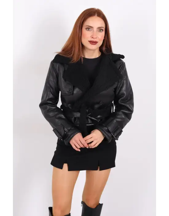 Kürklü Suni Deri Kemerli Siyah Kadın Kısa Mont T1256