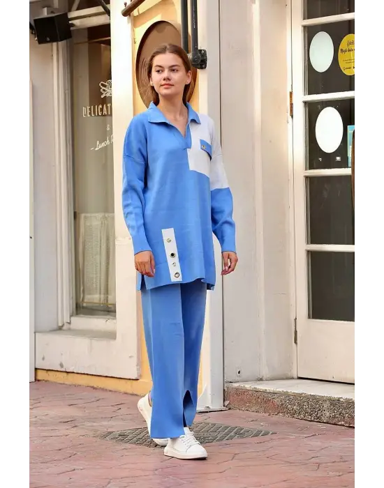 Kuş Gözü Triko Takım Mavi