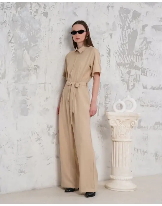 Kuşaklı Gömlek Yaka Salaş Tulum Bej S255822