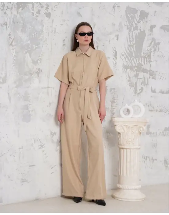 Kuşaklı Gömlek Yaka Salaş Tulum Bej S255822