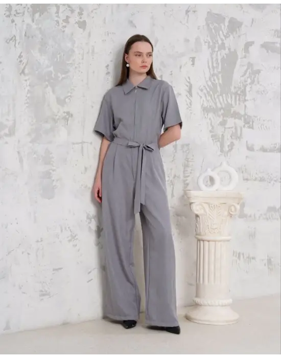 Kuşaklı Gömlek Yaka Salaş Tulum Gri S255822