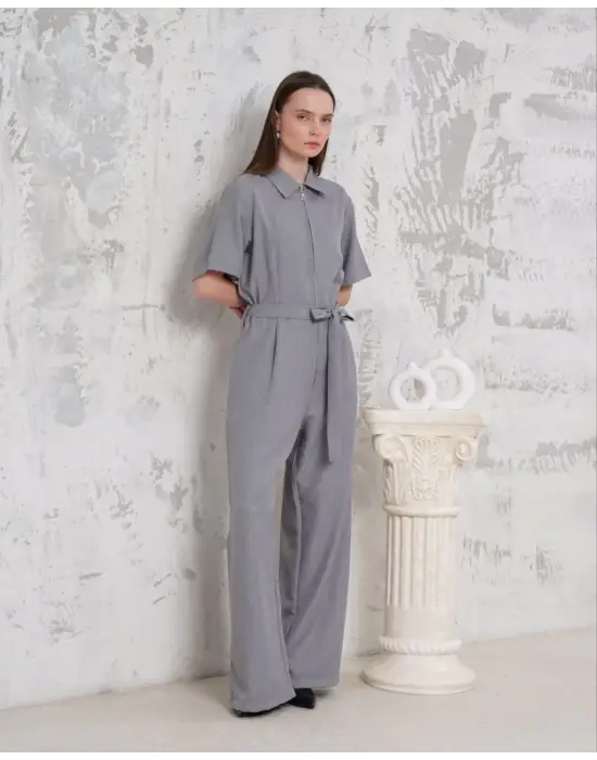 Kuşaklı Gömlek Yaka Salaş Tulum Gri S255822