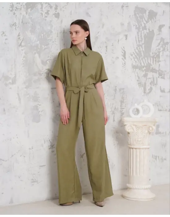 Kuşaklı Gömlek Yaka Salaş Tulum Haki S255822