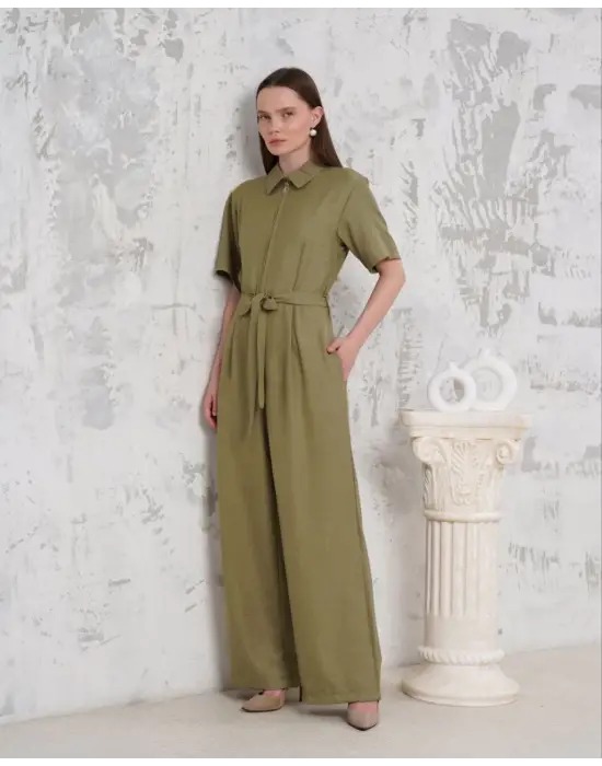 Kuşaklı Gömlek Yaka Salaş Tulum Haki S255822