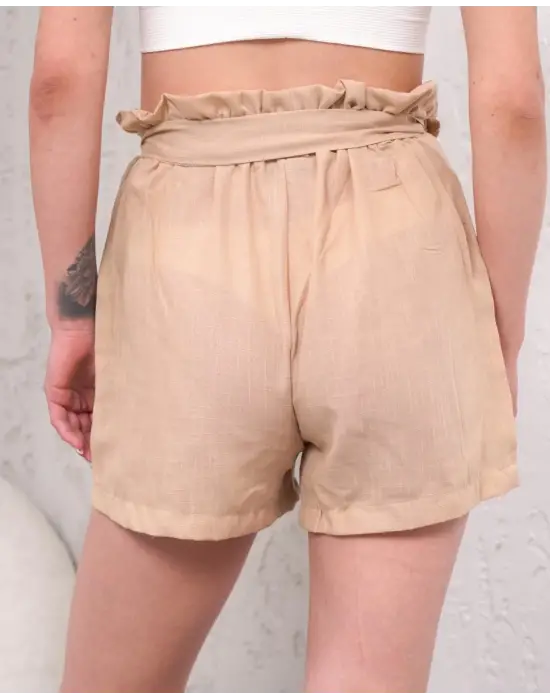 Kuşaklı Keten Şort Bej S255265