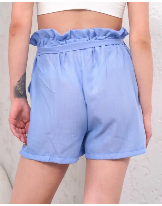 Kuşaklı Keten Şort Mavi S255265