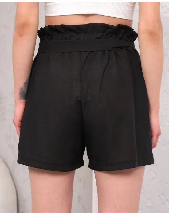 Kuşaklı Keten Şort Siyah S255265