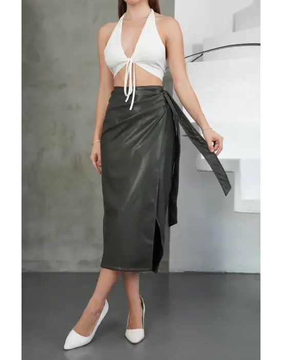 Kuşaklı Uzun Deri Etek Haki H26414