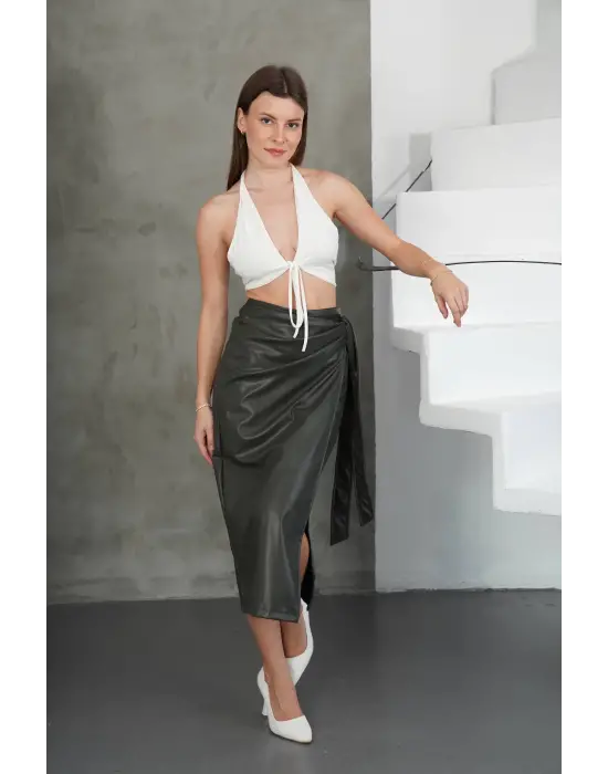 Kuşaklı Uzun Deri Etek Haki H26414