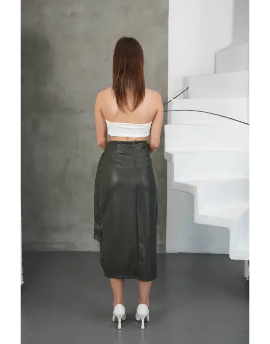 Kuşaklı Uzun Deri Etek Haki H26414
