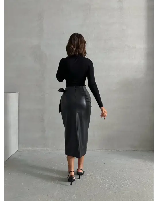 Kuşaklı Uzun Deri Etek Siyah H26414
