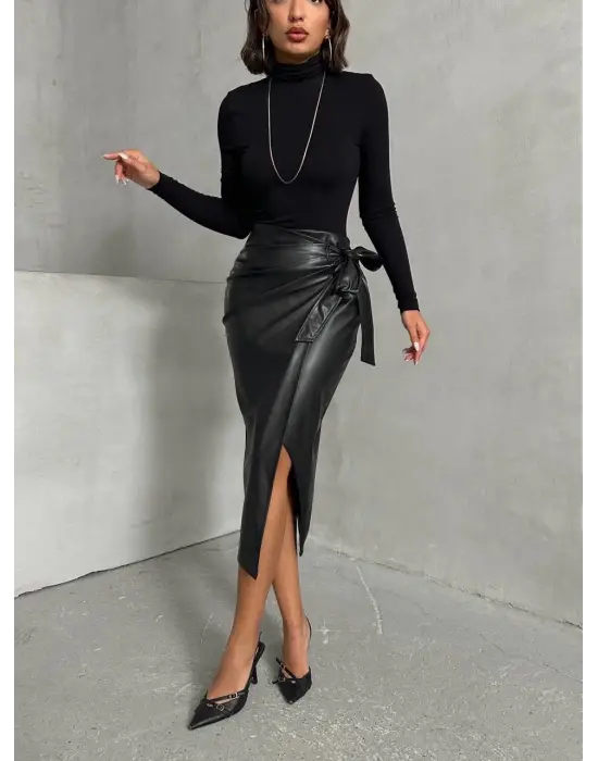 Kuşaklı Uzun Deri Etek Siyah H26414