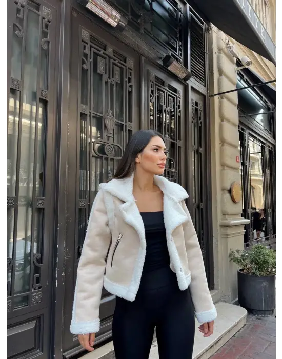 Kuzu Yumoş Kaplama Tak Çıkar Kol Crop Nubuk Kaban