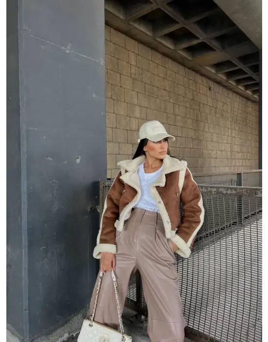 Kuzu Yumoş Kaplama Tak Çıkar Kol Crop Nubuk Kaban