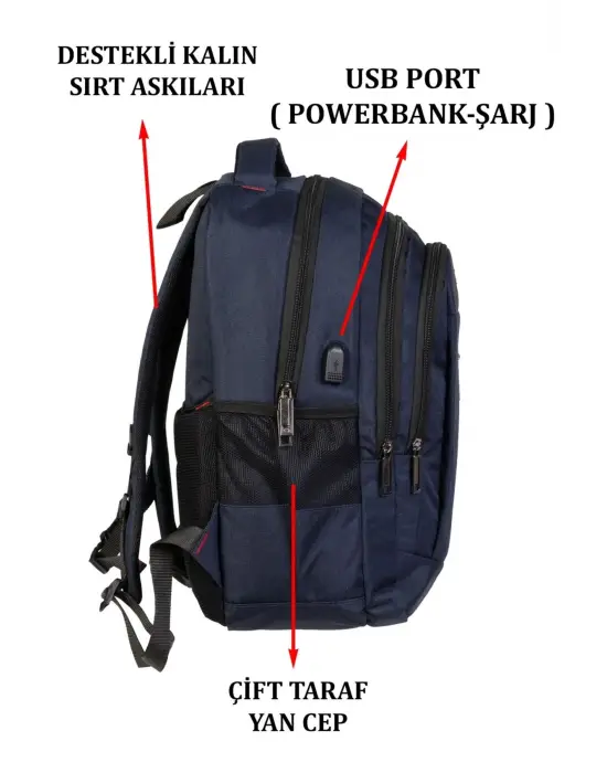 Lacivert Sportif Darbe Emici Su Geçirmez 14-16 inç Laptop Sırt Çantası