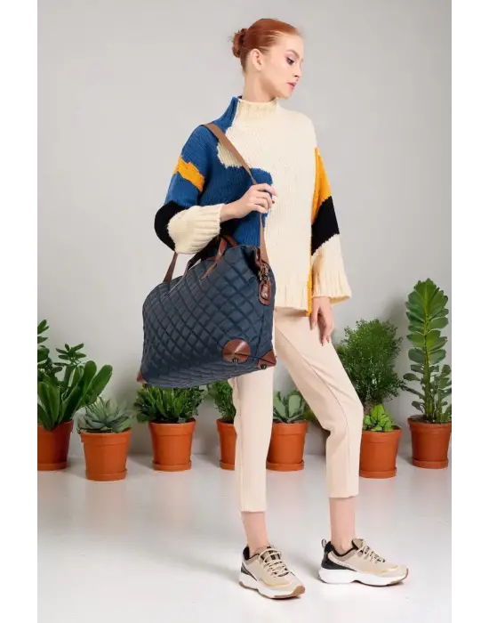 Lacivert Su Geçirmez Kumaş Kadın Büyük Boy Omuz Çantası