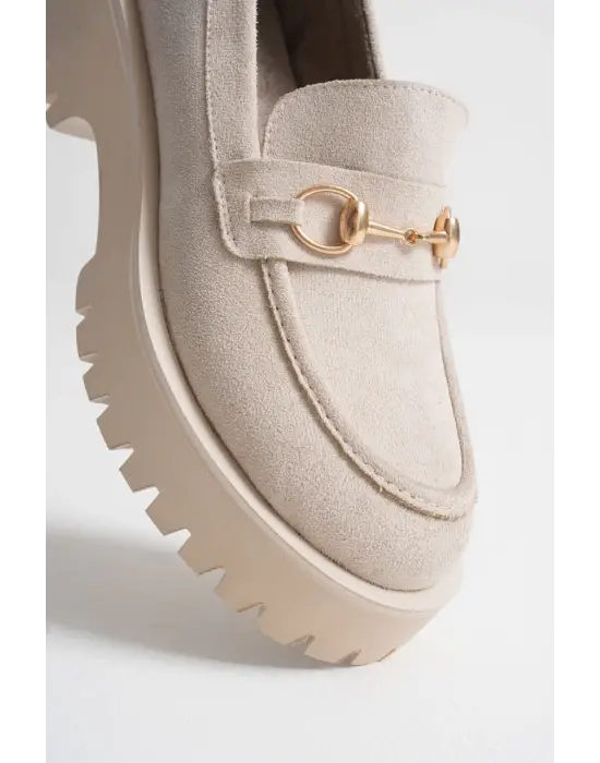 Lara Toka Detaylı Bej Süet Günlük Loafer Ayakkabı