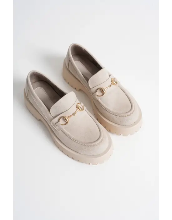 Lara Toka Detaylı Bej Süet Günlük Loafer Ayakkabı