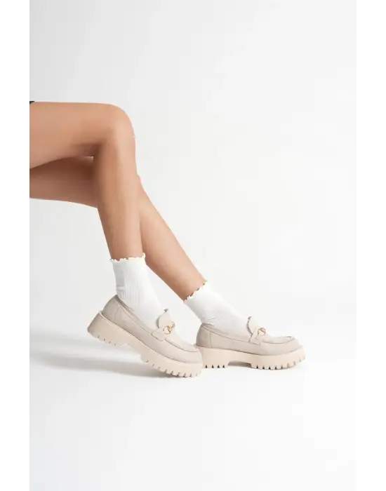 Lara Toka Detaylı Bej Süet Günlük Loafer Ayakkabı